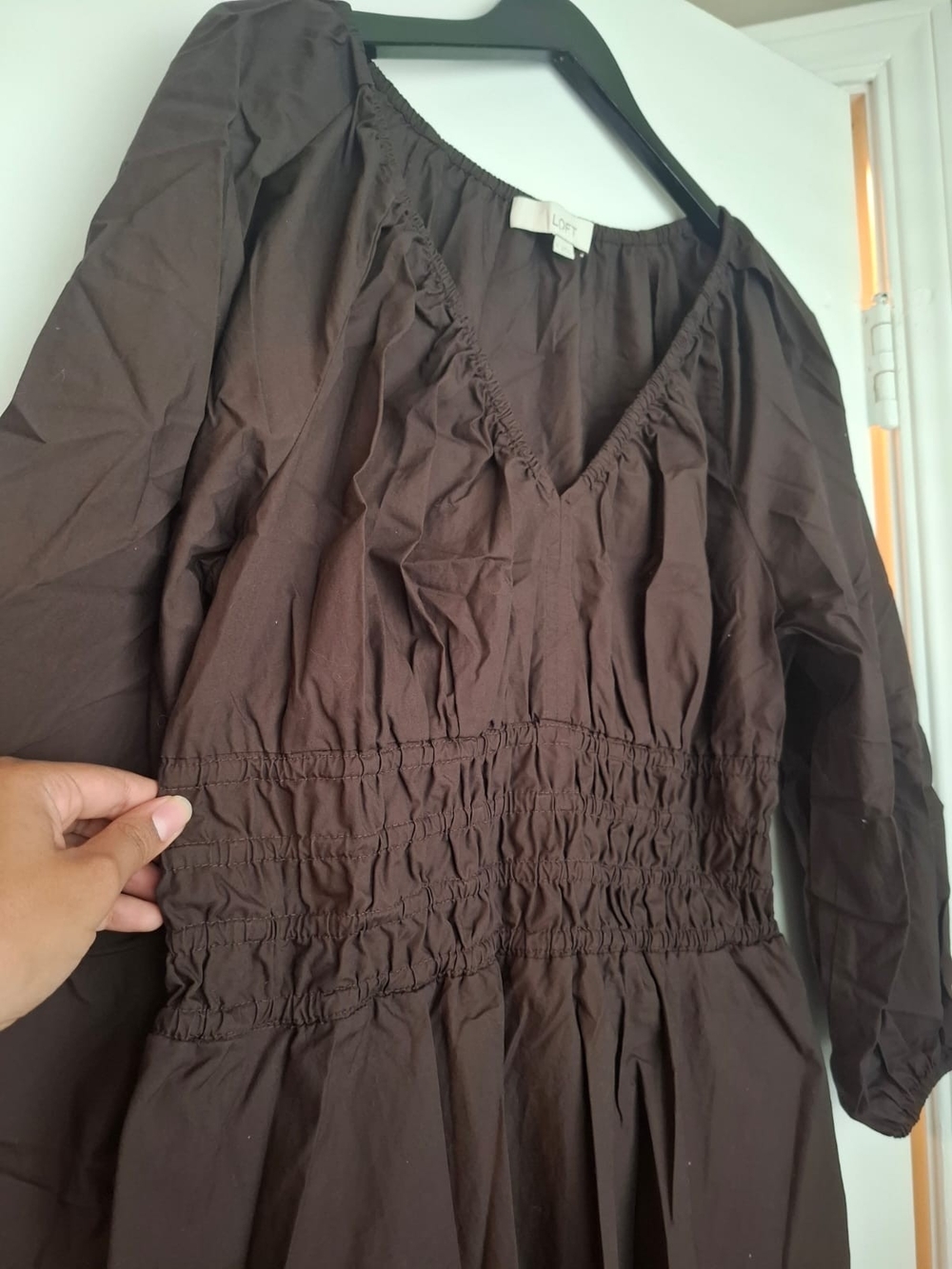 LOFT Brown Long Sleeve Smocked Waist Midi Dress Renaissance, Style Size M - Picture 5 of 7
